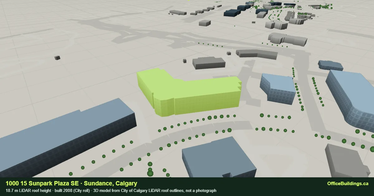 3D render of 1000 15 Sunpark Plaza SE, an 18.7 m mid-rise office building in Sundance, Calgary, modelled from City of Calgary LiDAR