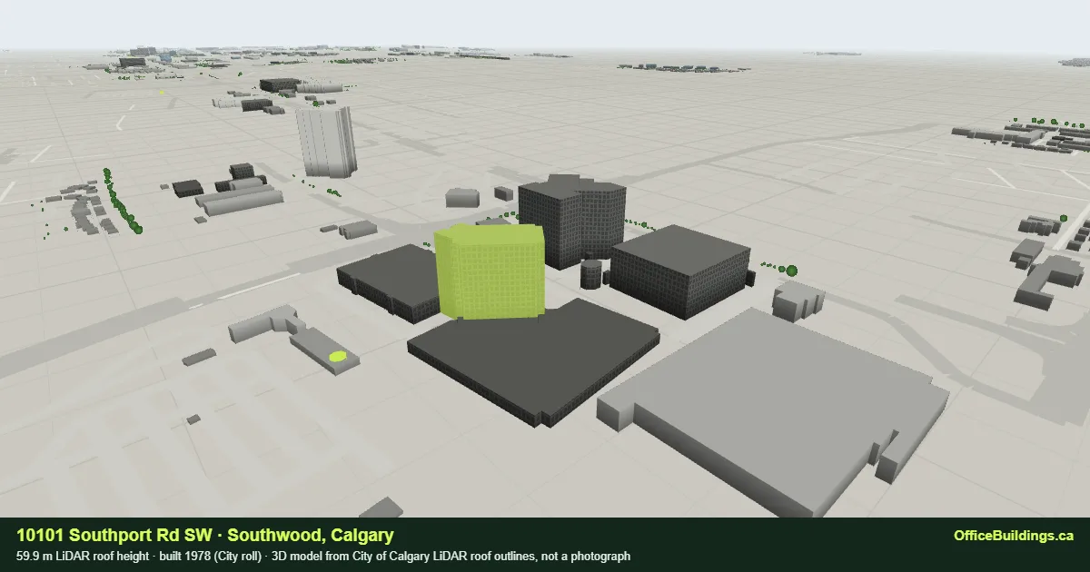3D render of 10101 Southport Rd SW, a 59.9 m multi-building campus parcel in Southwood, Calgary, modelled from City of Calgary LiDAR