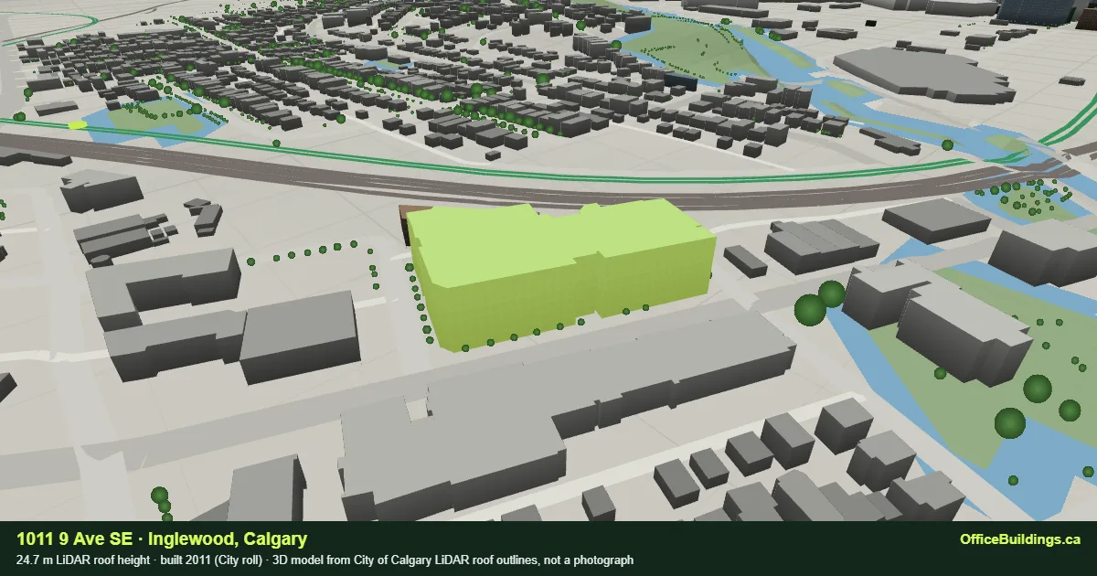 3D render of 1011 9 Ave SE, a 24.7 m mid-rise office building in Inglewood, Calgary, modelled from City of Calgary LiDAR