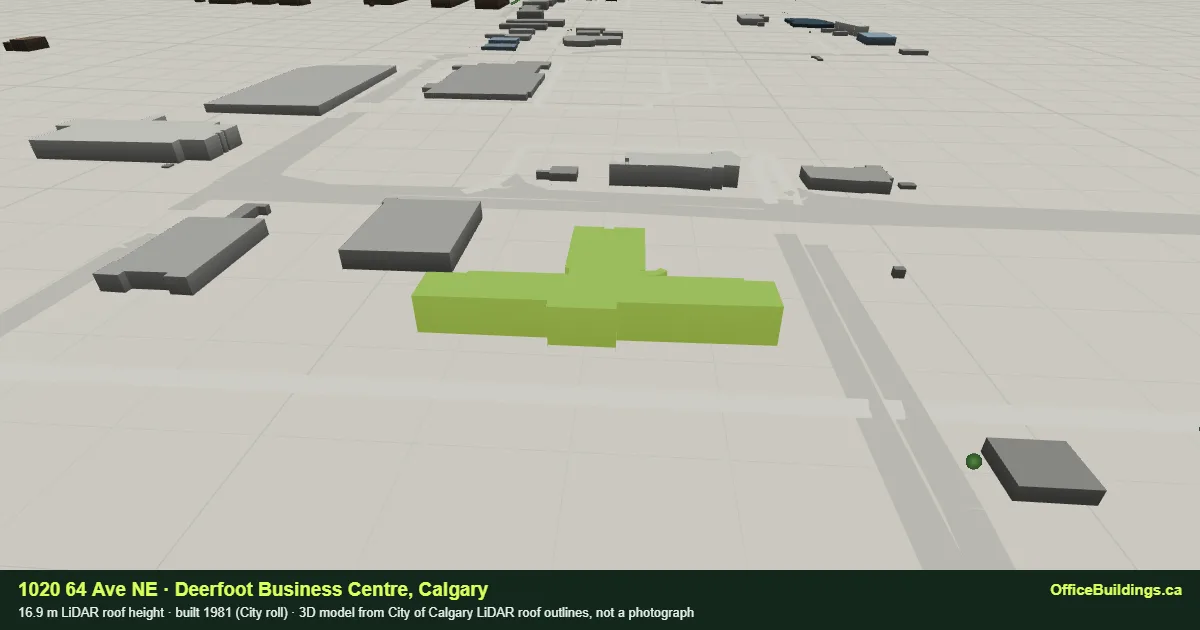 3D render of 1020 64 Ave NE, a 16.9 m mid-rise office building in Deerfoot Business Centre, Calgary, modelled from City of Calgary LiDAR