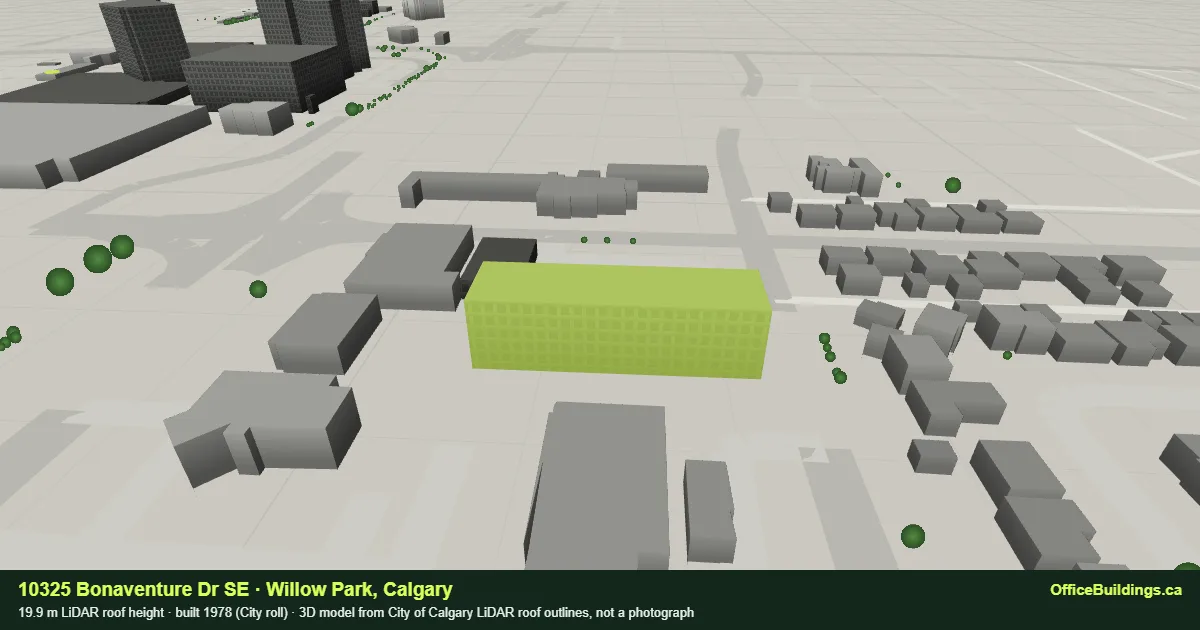 3D render of 10325 Bonaventure Dr SE, a 19.9 m mid-rise office building in Willow Park, Calgary, modelled from City of Calgary LiDAR