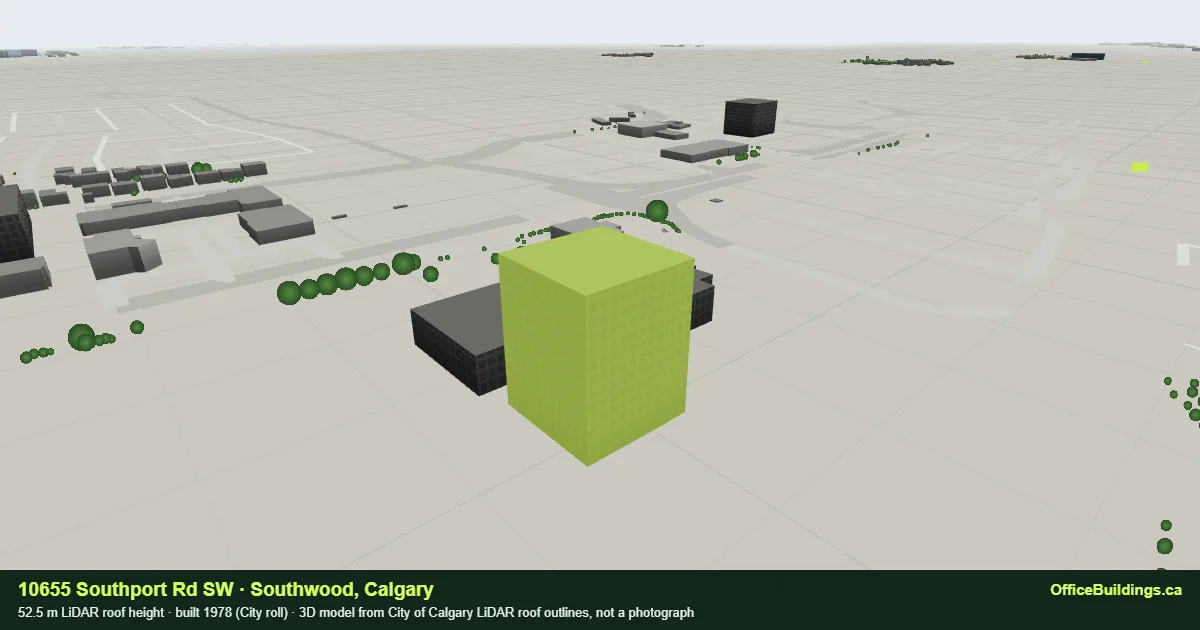 3D render of 10655 Southport Rd SW, a 52.5 m high-rise office building in Southwood, Calgary, modelled from City of Calgary LiDAR
