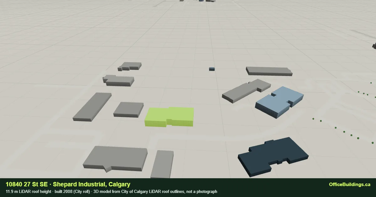 3D render of 10840 27 St SE, an 11.9 m low-rise office building in Shepard Industrial, Calgary, modelled from City of Calgary LiDAR