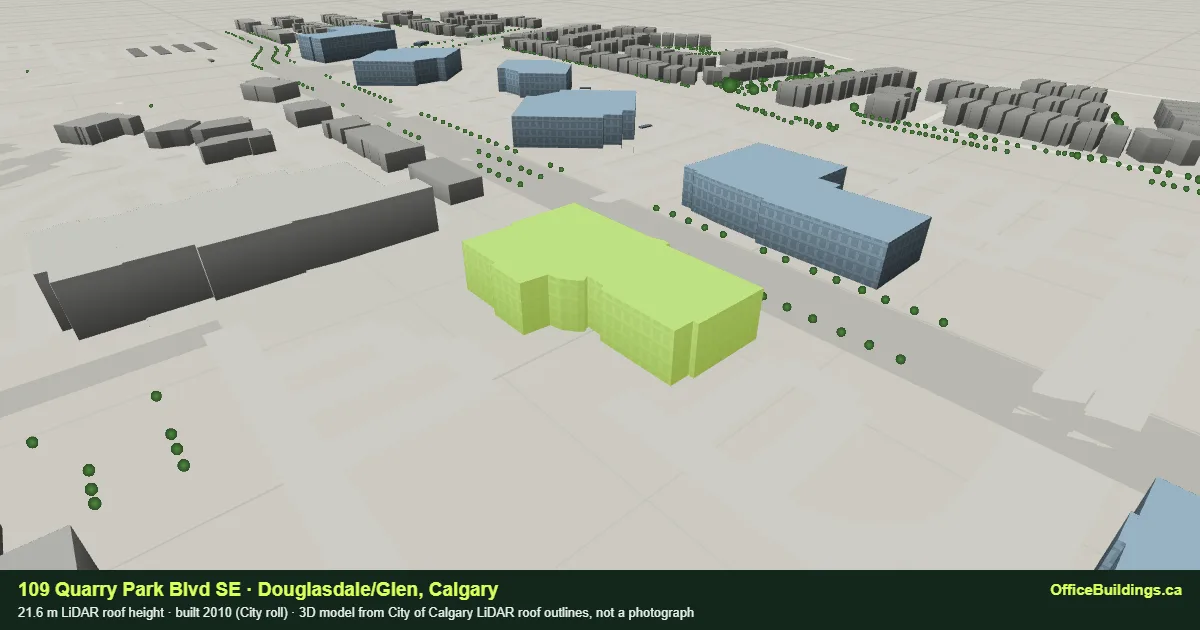 3D render of 109 Quarry Park Blvd SE, a 21.6 m mid-rise office building in Douglasdale/Glen, Calgary, modelled from City of Calgary LiDAR