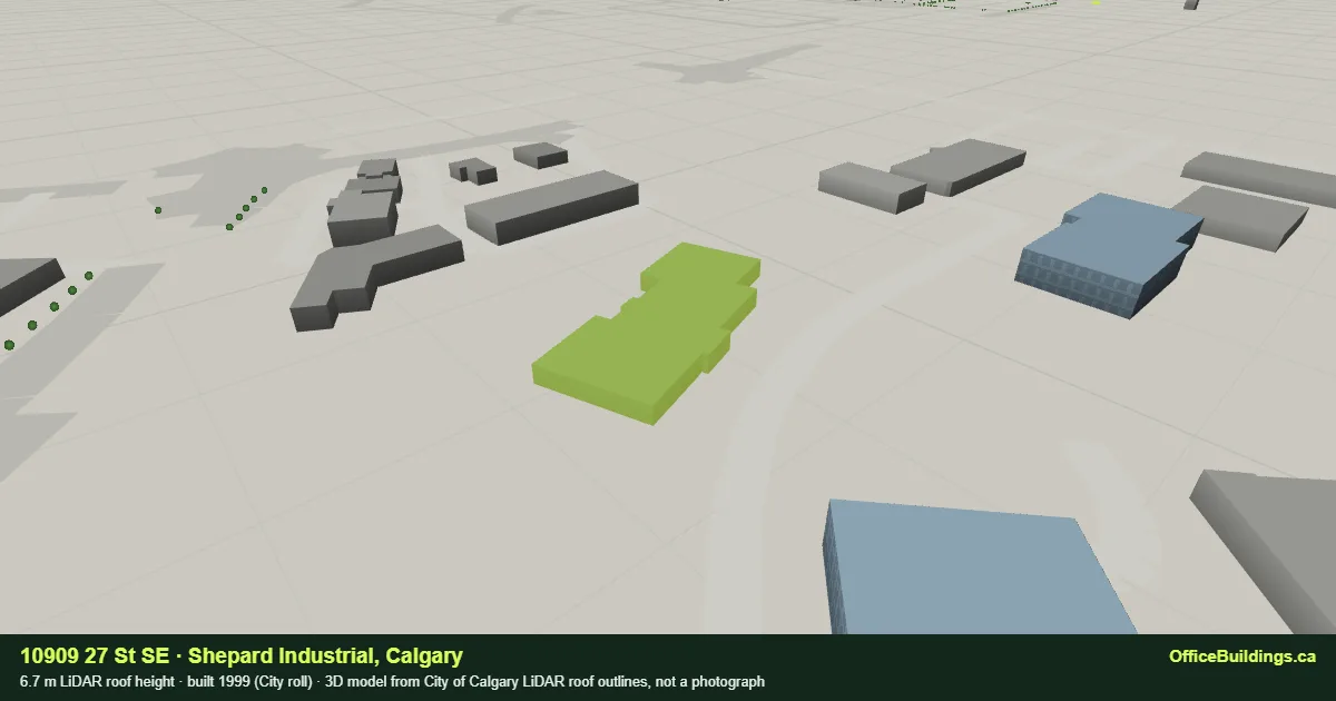 3D render of 10909 27 St SE, a 6.7 m low-rise office building in Shepard Industrial, Calgary, modelled from City of Calgary LiDAR