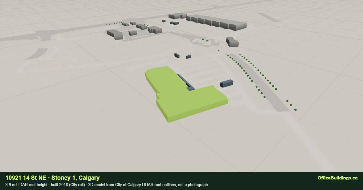 3D render of 10921 14 St NE, a 3.9 m low-rise office building in Stoney 1, Calgary, modelled from City of Calgary LiDAR