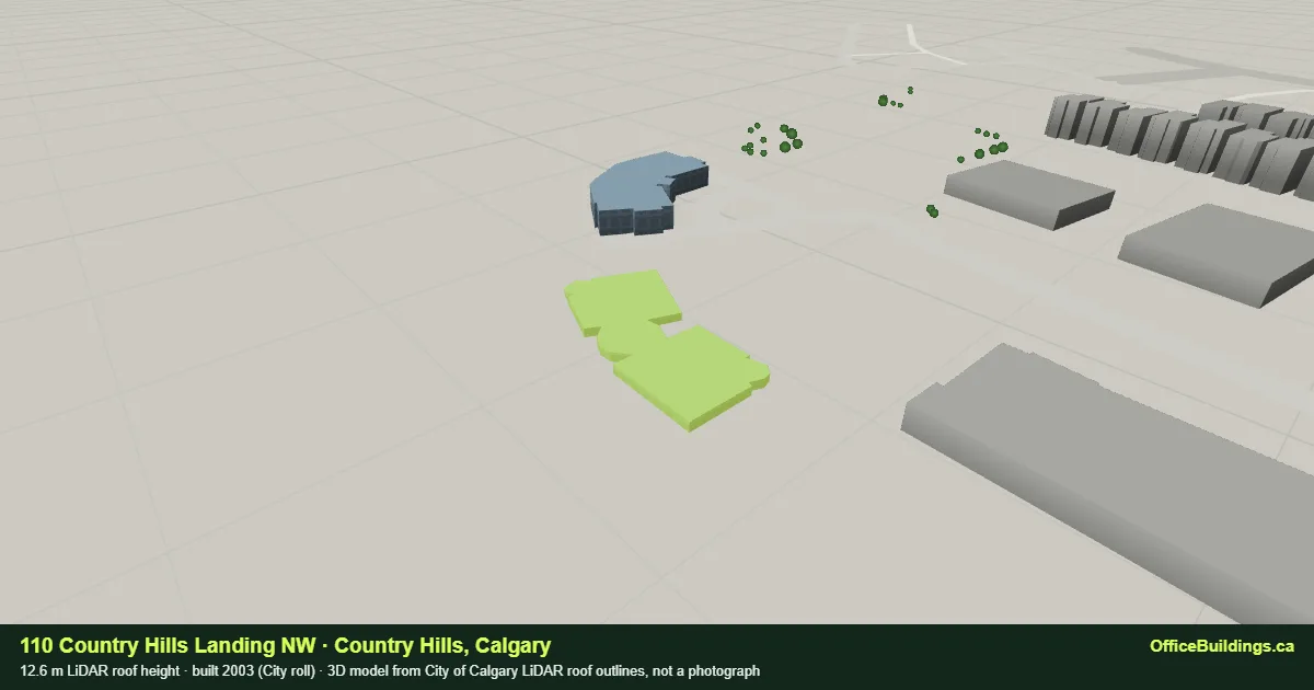 3D render of 110 Country Hills Landing NW, a 12.6 m low-rise office building in Country Hills, Calgary, modelled from City of Calgary LiDAR