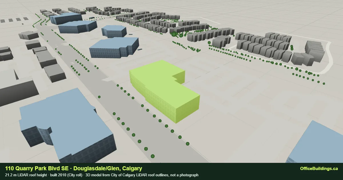 3D render of 110 Quarry Park Blvd SE, a 21.2 m mid-rise office building in Douglasdale/Glen, Calgary, modelled from City of Calgary LiDAR