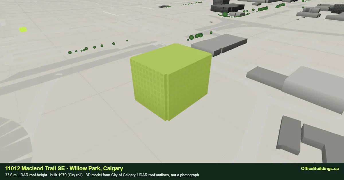 3D render of 11012 Macleod Trail SE, a 33.6 m mid-rise office building in Willow Park, Calgary, modelled from City of Calgary LiDAR