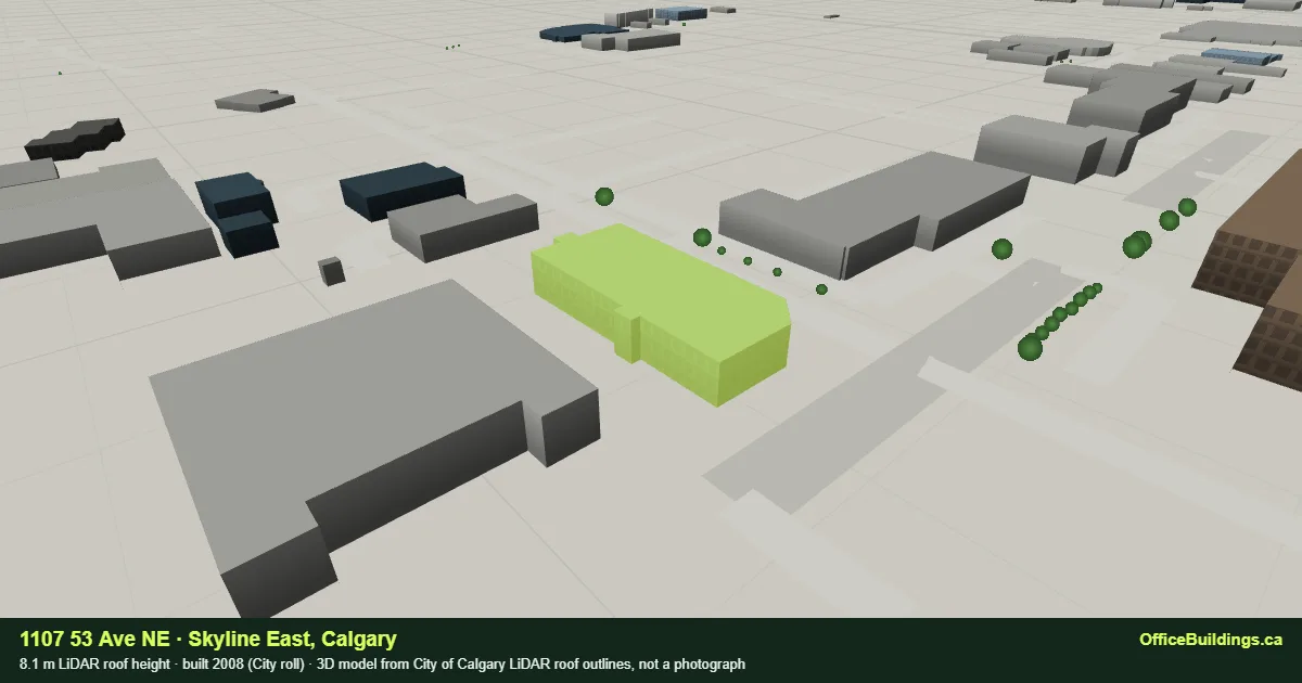 3D render of 1107 53 Ave NE, an 8.1 m low-rise office building in Skyline East, Calgary, modelled from City of Calgary LiDAR