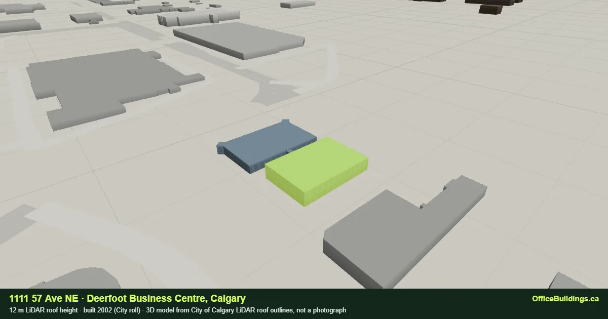 3D render of 1111 57 Ave NE, a 12 m low-rise office building in Deerfoot Business Centre, Calgary, modelled from City of Calgary LiDAR