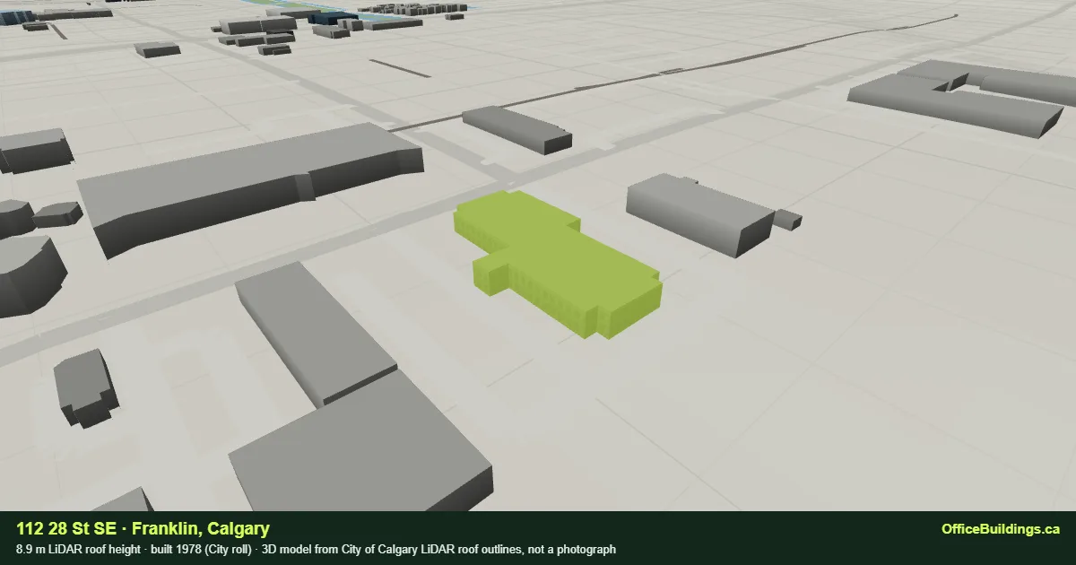 3D render of 112 28 St SE, an 8.9 m low-rise office building in Franklin, Calgary, modelled from City of Calgary LiDAR