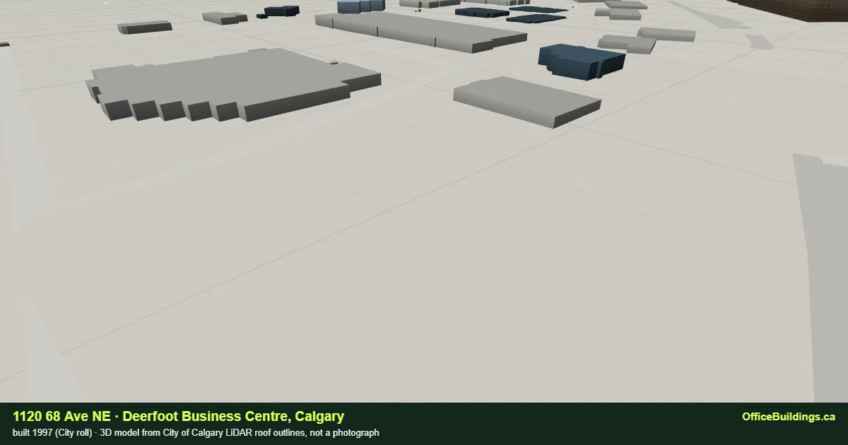 3D render of 1120 68 Ave NE, a building in Deerfoot Business Centre, Calgary, modelled from City of Calgary LiDAR