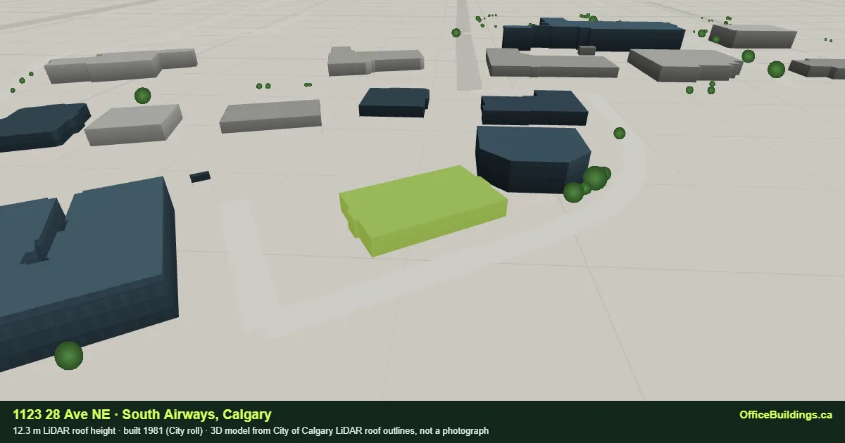 3D render of 1123 28 Ave NE, a 12.3 m low-rise office building in South Airways, Calgary, modelled from City of Calgary LiDAR