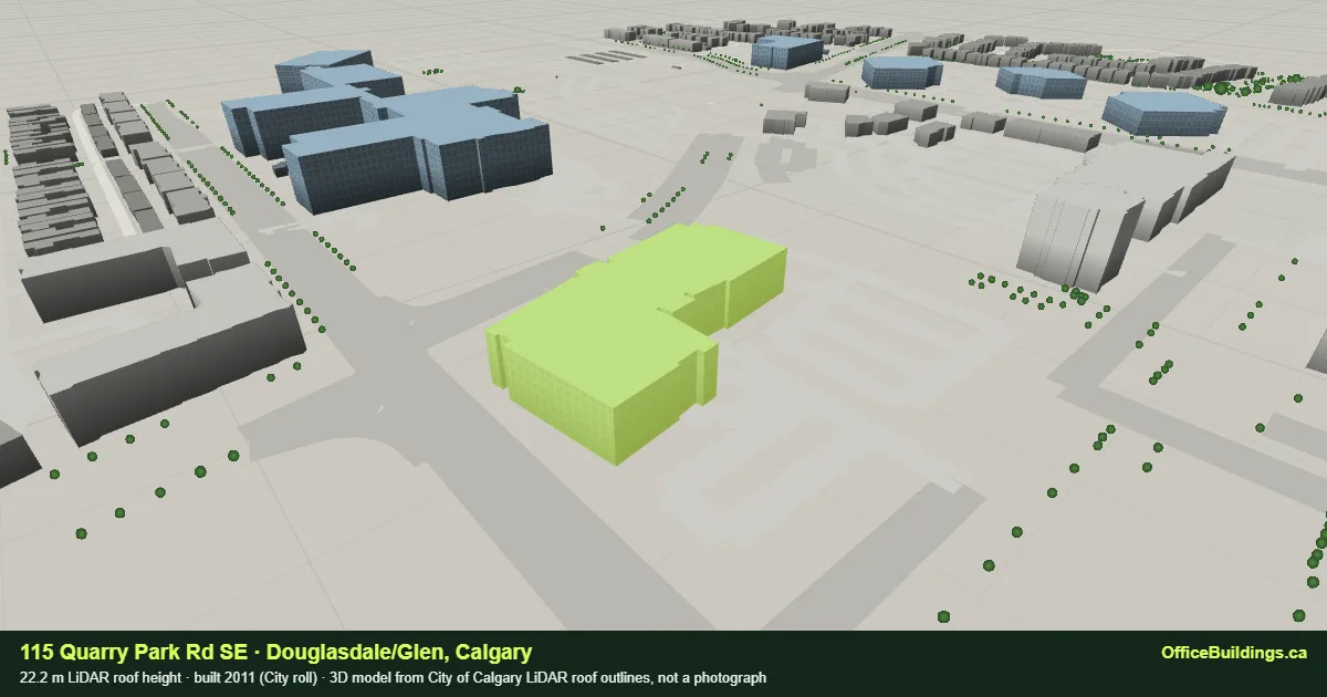 3D render of 115 Quarry Park Rd SE, a 22.2 m mid-rise office building in Douglasdale/Glen, Calgary, modelled from City of Calgary LiDAR