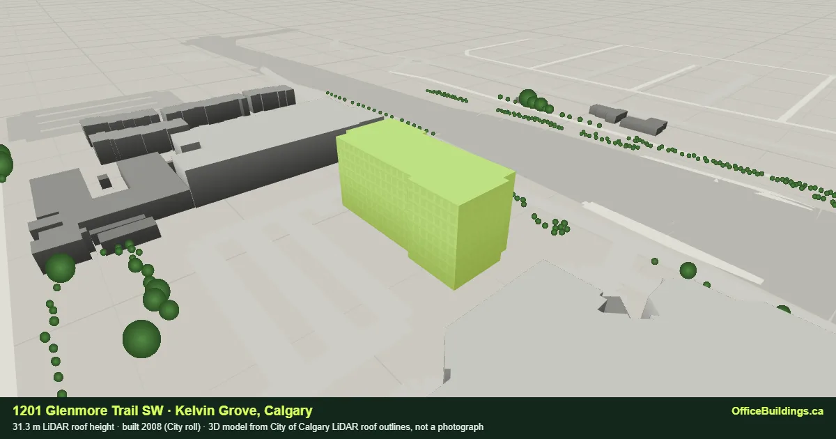 3D render of 1201 Glenmore Trail SW, a 31.3 m mid-rise office building in Kelvin Grove, Calgary, modelled from City of Calgary LiDAR