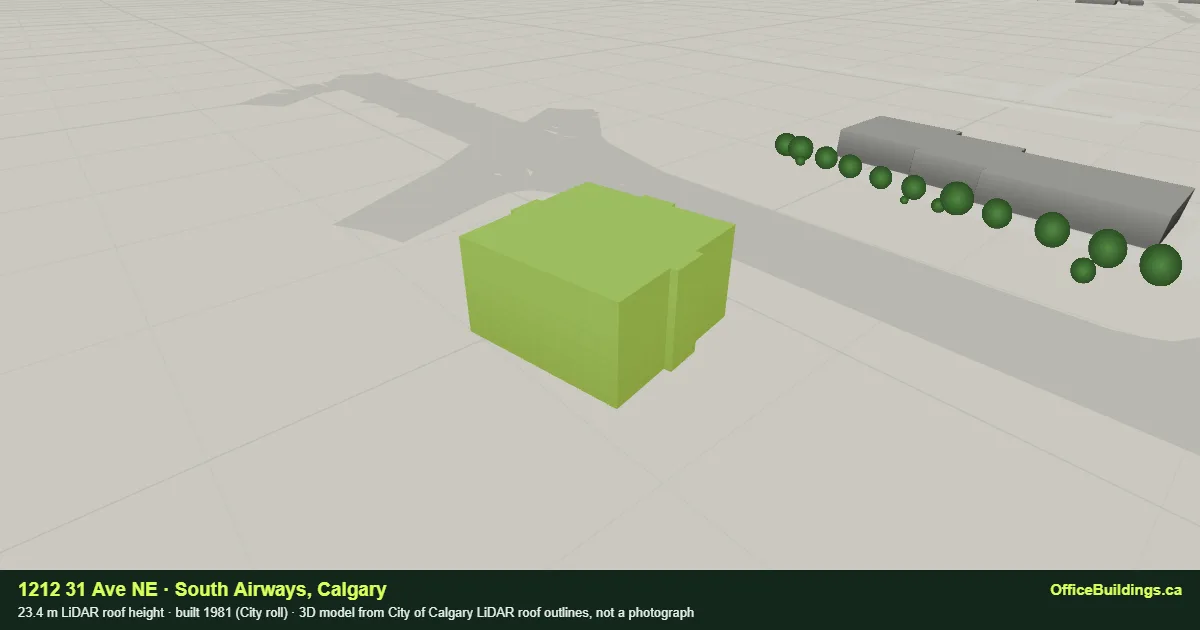 3D render of 1212 31 Ave NE, a 23.4 m mid-rise office building in South Airways, Calgary, modelled from City of Calgary LiDAR