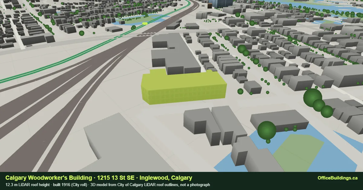 3D render of Calgary Woodworker's Building (1215 13 St SE), a 12.3 m low-rise office building in Inglewood, Calgary, modelled from City of Calgary LiDAR