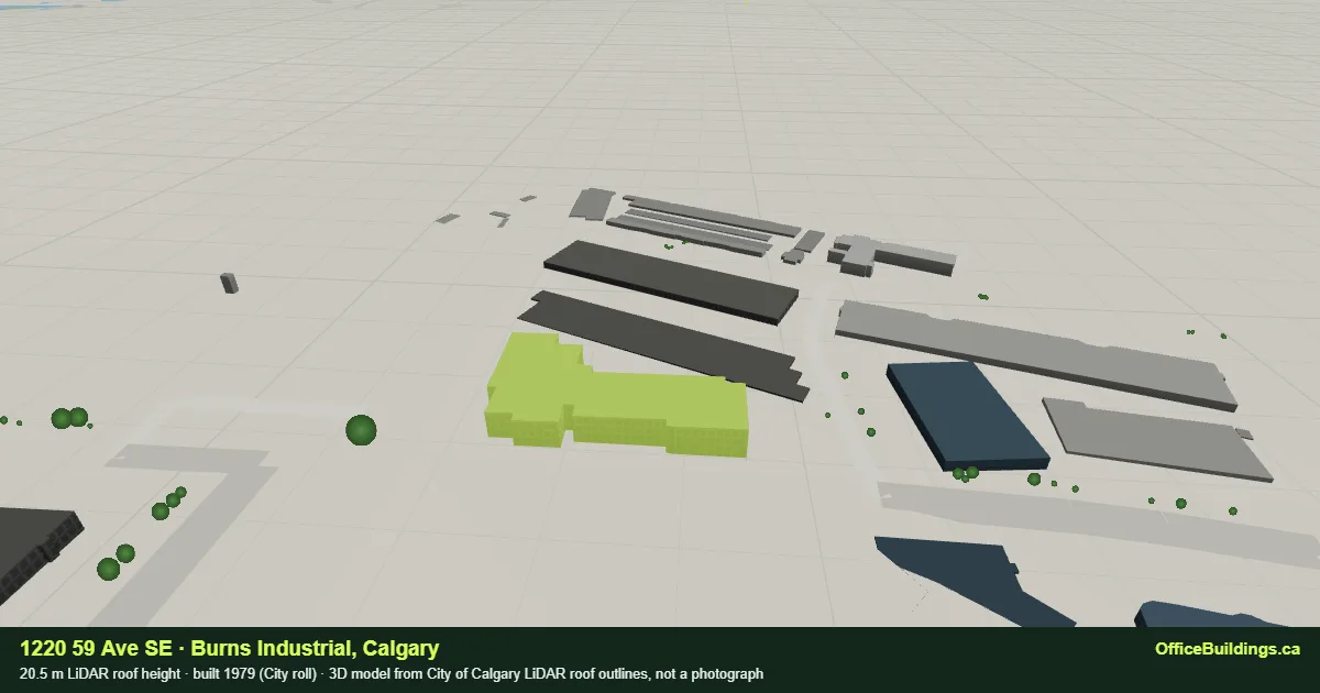 3D render of 1220 59 Ave SE, a 20.5 m mid-rise office building in Burns Industrial, Calgary, modelled from City of Calgary LiDAR