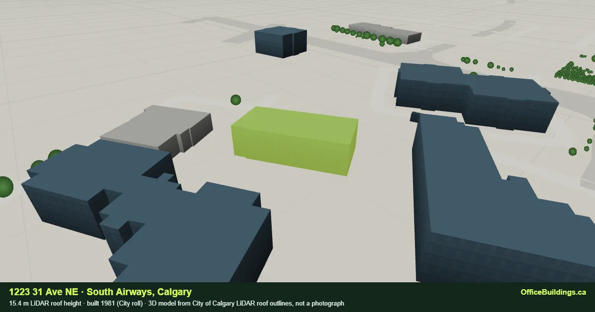 3D render of 1223 31 Ave NE, a 15.4 m mid-rise office building in South Airways, Calgary, modelled from City of Calgary LiDAR