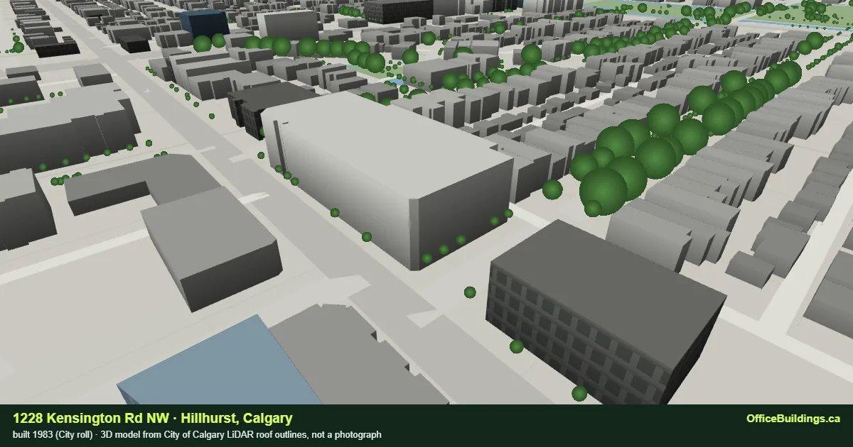 3D render of 1228 Kensington Rd NW, a building in Hillhurst, Calgary, modelled from City of Calgary LiDAR