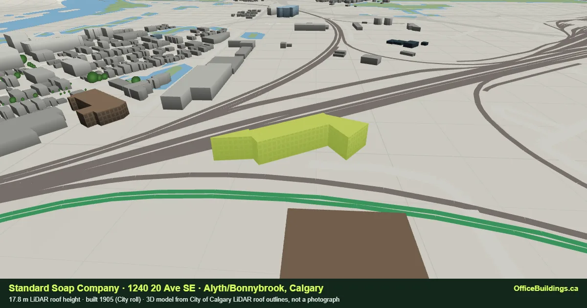 3D render of Standard Soap Company (1240 20 Ave SE), a 17.8 m mid-rise office building in Alyth/Bonnybrook, Calgary, modelled from City of Calgary LiDAR