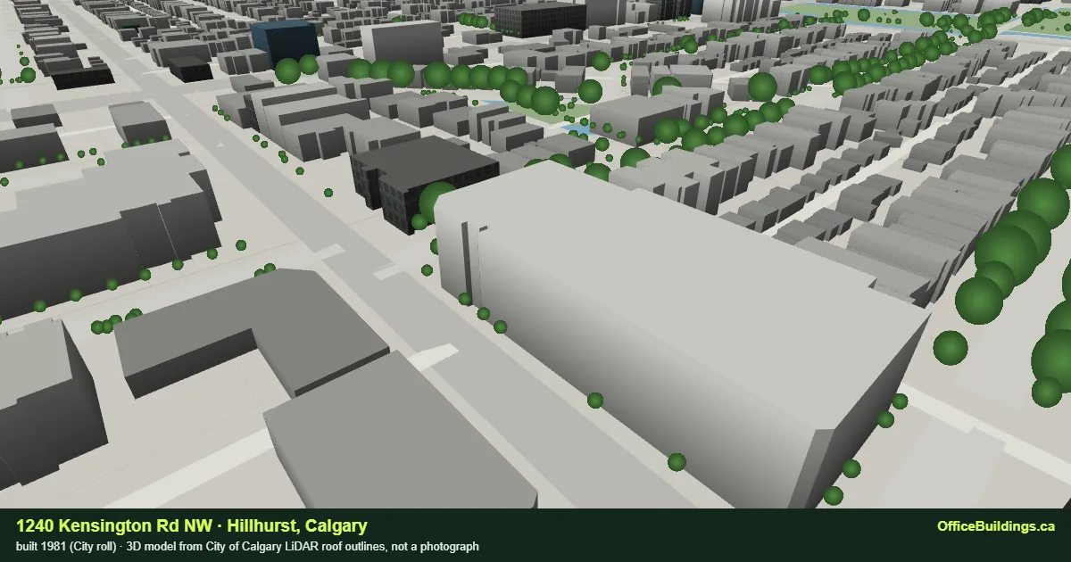 3D render of 1240 Kensington Rd NW, a building in Hillhurst, Calgary, modelled from City of Calgary LiDAR