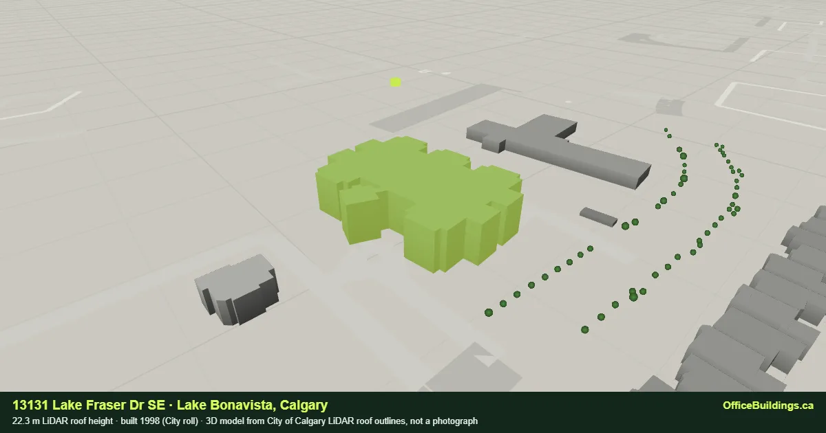 3D render of 13131 Lake Fraser Dr SE, a 22.3 m mid-rise office building in Lake Bonavista, Calgary, modelled from City of Calgary LiDAR