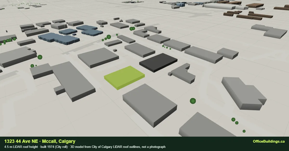 3D render of 1323 44 Ave NE, a 4.5 m low-rise office building in Mccall, Calgary, modelled from City of Calgary LiDAR