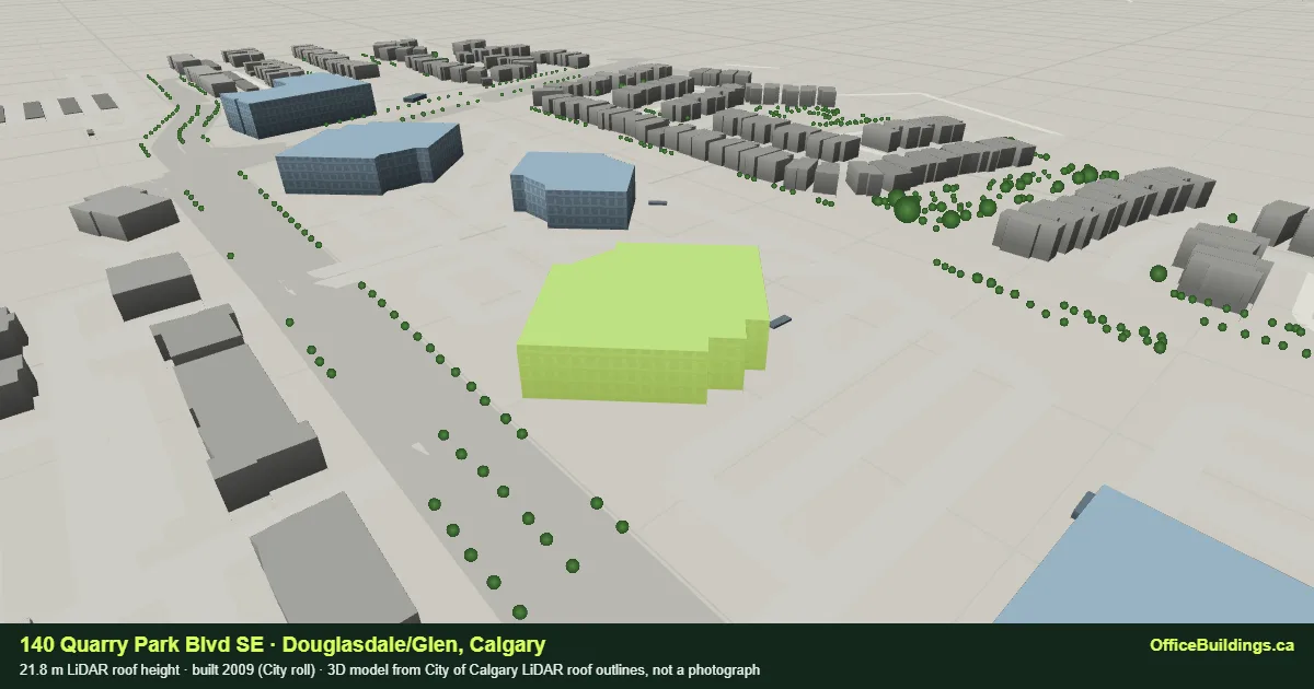 3D render of 140 Quarry Park Blvd SE, a 21.8 m mid-rise office building in Douglasdale/Glen, Calgary, modelled from City of Calgary LiDAR