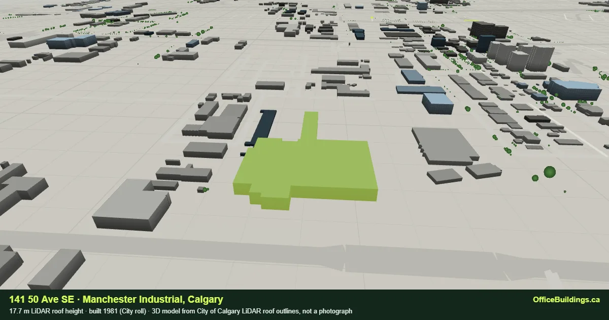 3D render of 141 50 Ave SE, a 17.7 m multi-building campus parcel in Manchester Industrial, Calgary, modelled from City of Calgary LiDAR