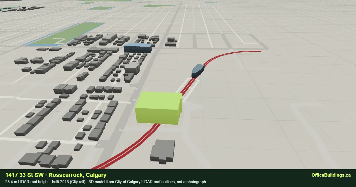 3D render of 1417 33 St SW, a 25.4 m mid-rise office building in Rosscarrock, Calgary, modelled from City of Calgary LiDAR