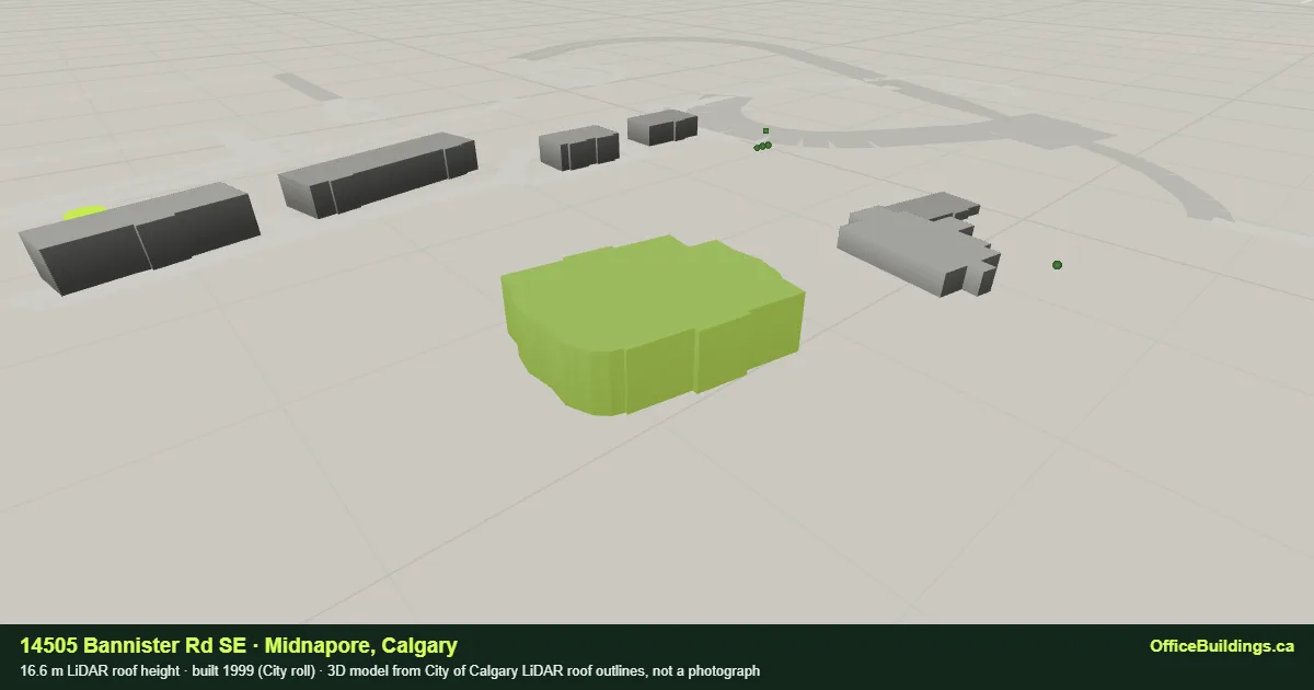 3D render of 14505 Bannister Rd SE, a 16.6 m mid-rise office building in Midnapore, Calgary, modelled from City of Calgary LiDAR