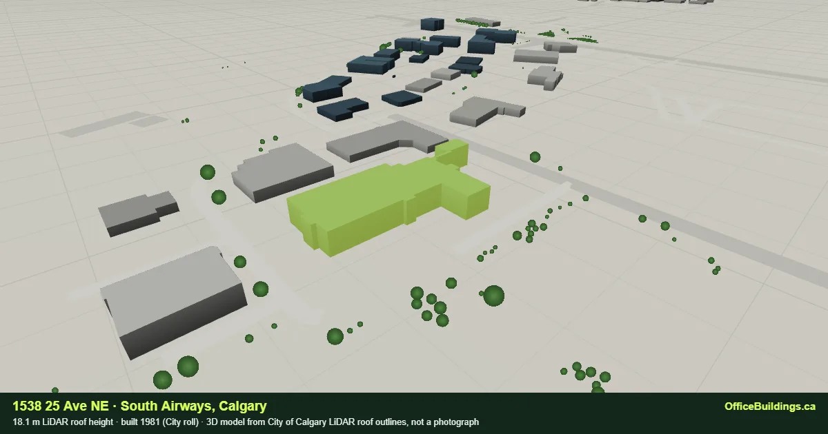 3D render of 1538 25 Ave NE, an 18.1 m mid-rise office building in South Airways, Calgary, modelled from City of Calgary LiDAR