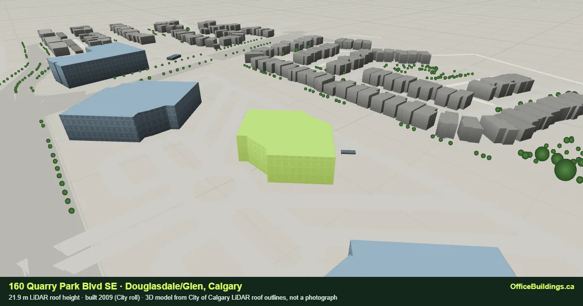 3D render of 160 Quarry Park Blvd SE, a 21.9 m mid-rise office building in Douglasdale/Glen, Calgary, modelled from City of Calgary LiDAR