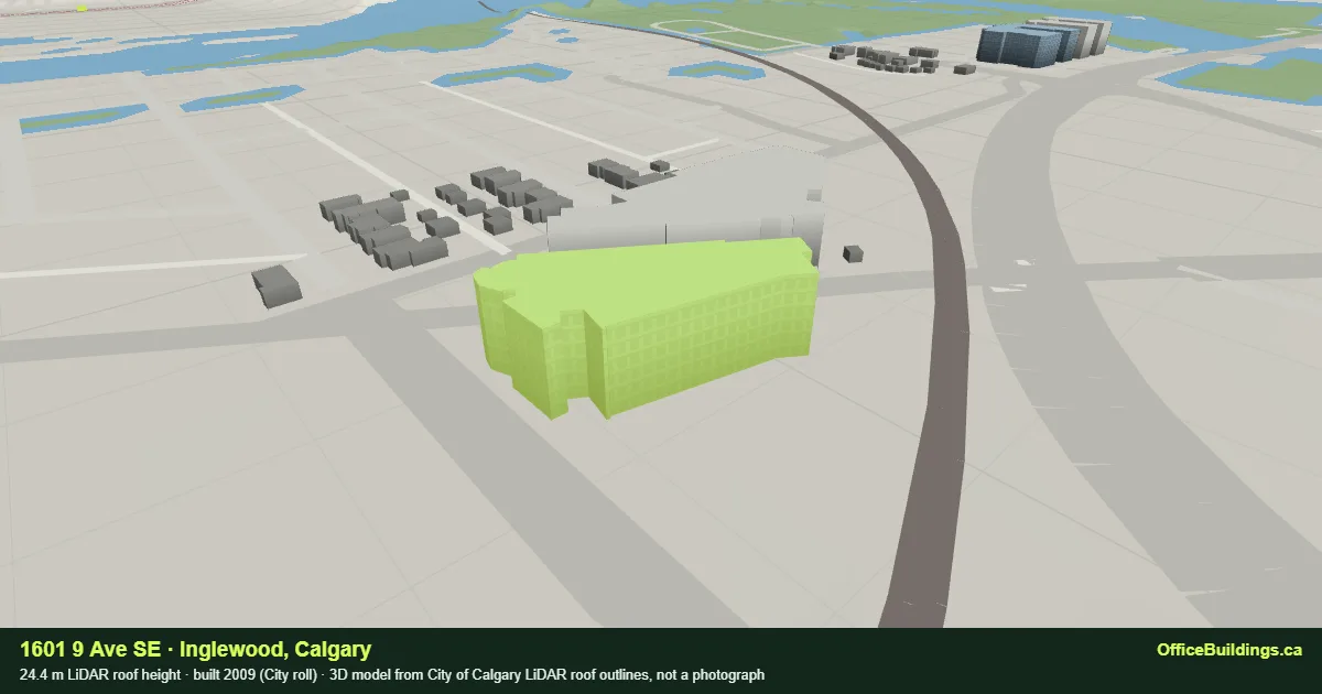 3D render of 1601 9 Ave SE, a 24.4 m mid-rise office building in Inglewood, Calgary, modelled from City of Calgary LiDAR