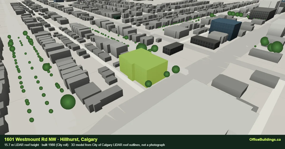 3D render of 1601 Westmount Rd NW, a 15.7 m mid-rise office building in Hillhurst, Calgary, modelled from City of Calgary LiDAR