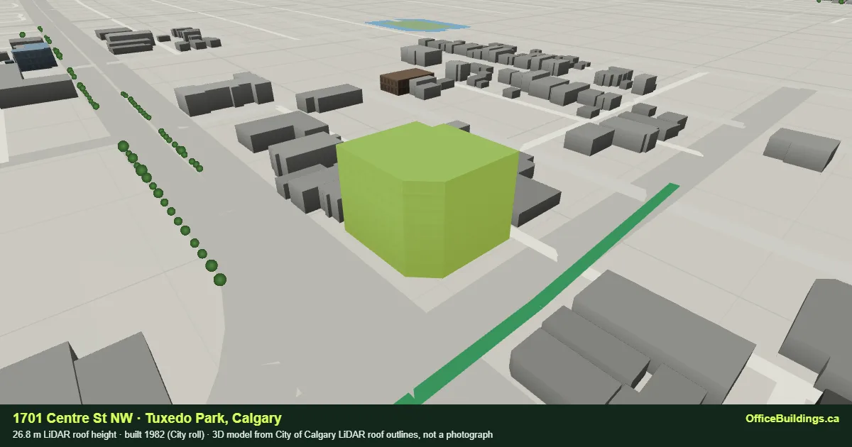 3D render of 1701 Centre St NW, a 26.8 m mid-rise office building in Tuxedo Park, Calgary, modelled from City of Calgary LiDAR