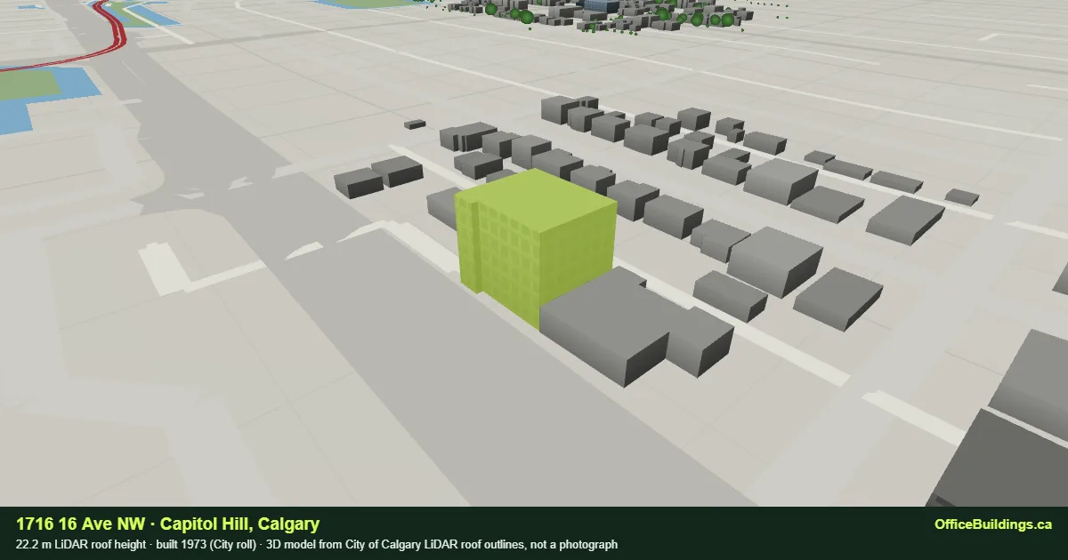 3D render of 1716 16 Ave NW, a 22.2 m mid-rise office building in Capitol Hill, Calgary, modelled from City of Calgary LiDAR