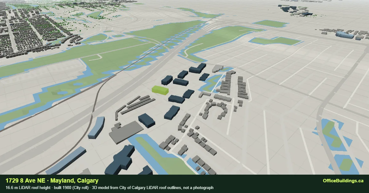 3D render of 1729 8 Ave NE, a 16.6 m multi-building campus parcel in Mayland, Calgary, modelled from City of Calgary LiDAR