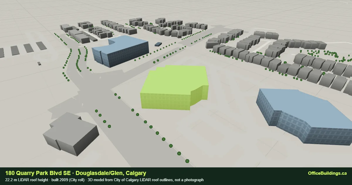 3D render of 180 Quarry Park Blvd SE, a 22.2 m mid-rise office building in Douglasdale/Glen, Calgary, modelled from City of Calgary LiDAR