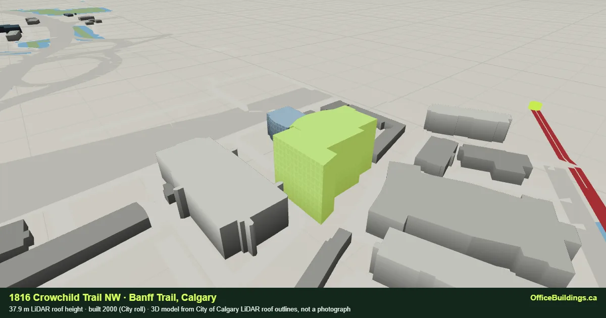 3D render of 1816 Crowchild Trail NW, a 37.9 m mid-rise office building in Banff Trail, Calgary, modelled from City of Calgary LiDAR