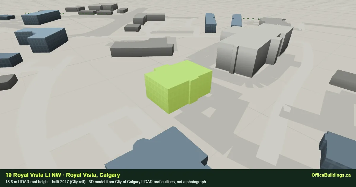 3D render of 19 Royal Vista LI NW, an 18.6 m mid-rise office building in Royal Vista, Calgary, modelled from City of Calgary LiDAR