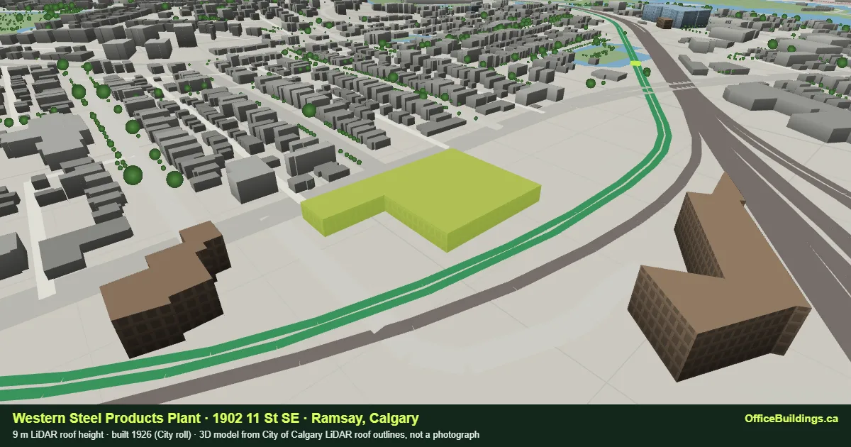 3D render of Western Steel Products Plant (1902 11 St SE), a 9 m low-rise office building in Ramsay, Calgary, modelled from City of Calgary LiDAR
