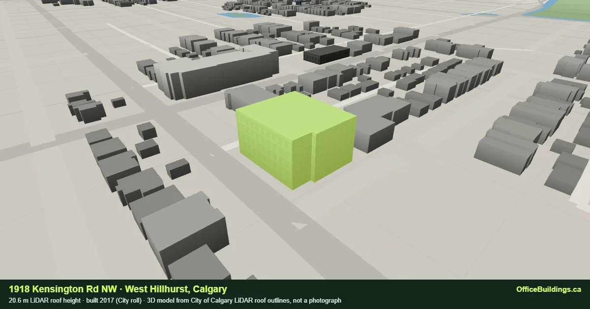 3D render of 1918 Kensington Rd NW, a 20.6 m mid-rise office building in West Hillhurst, Calgary, modelled from City of Calgary LiDAR