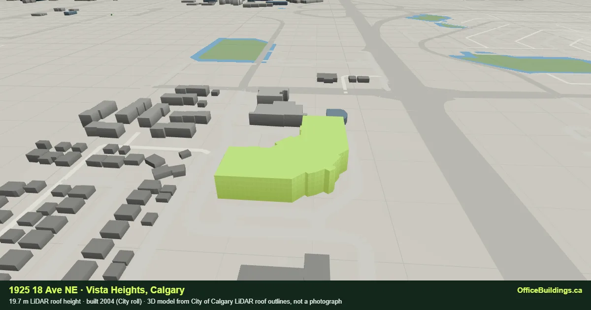 3D render of 1925 18 Ave NE, a 19.7 m mid-rise office building in Vista Heights, Calgary, modelled from City of Calgary LiDAR