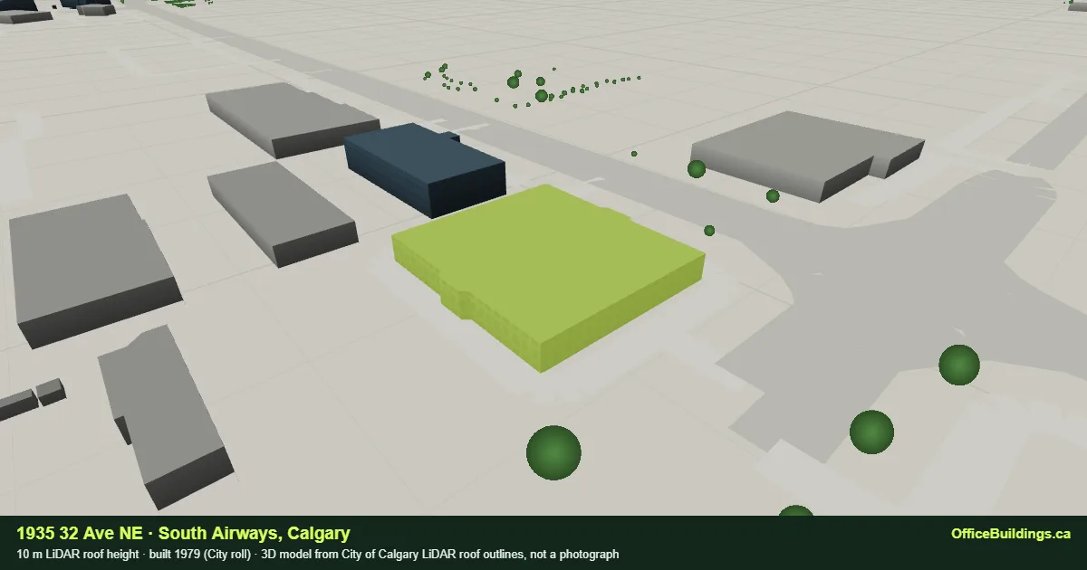 3D render of 1935 32 Ave NE, a 10 m low-rise office building in South Airways, Calgary, modelled from City of Calgary LiDAR