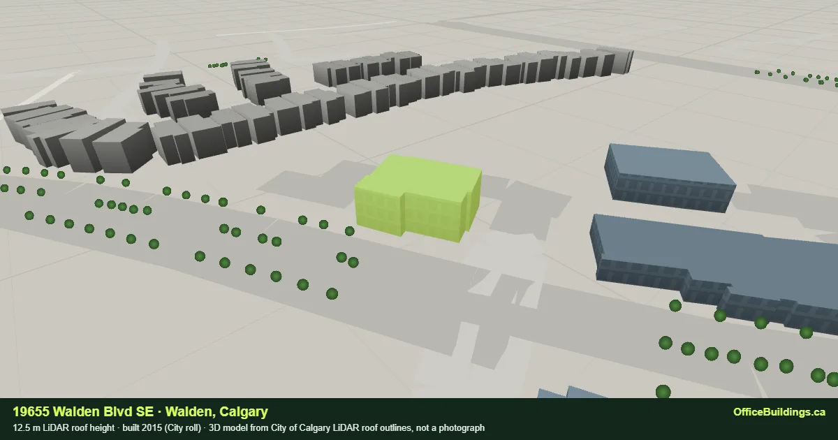 3D render of 19655 Walden Blvd SE, a 12.5 m low-rise office building in Walden, Calgary, modelled from City of Calgary LiDAR