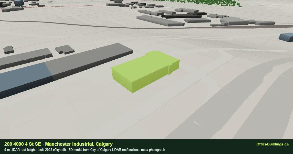 3D render of 200 4000 4 St SE, a 9 m low-rise office building in Manchester Industrial, Calgary, modelled from City of Calgary LiDAR