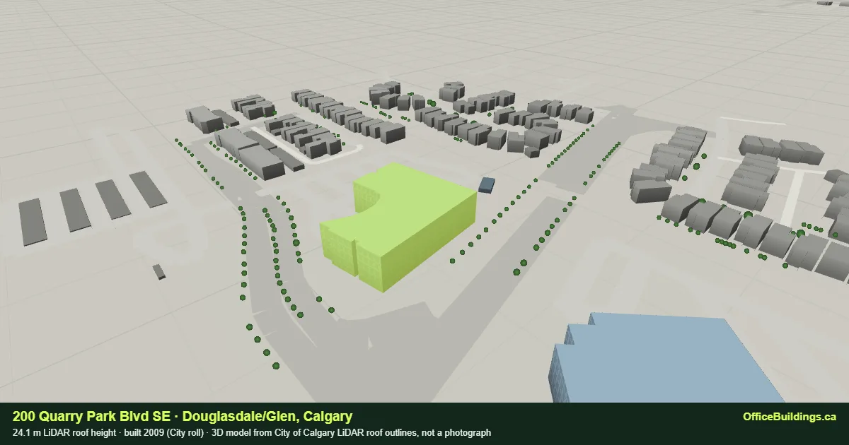3D render of 200 Quarry Park Blvd SE, a 24.1 m mid-rise office building in Douglasdale/Glen, Calgary, modelled from City of Calgary LiDAR